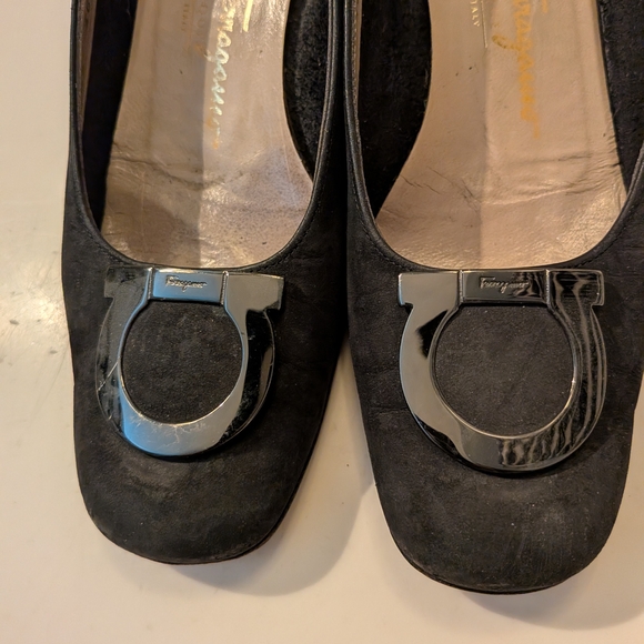 Salvatore Ferragamo Dark Gray / Black Suede Heels with Silver Buckle |  Size 6C - Picture 2 of 5